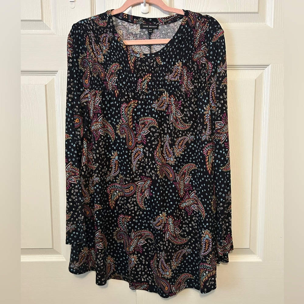Lane Bryant Black Paisley Floral Pullover Long Sleeve Blouse Shirt 14/16